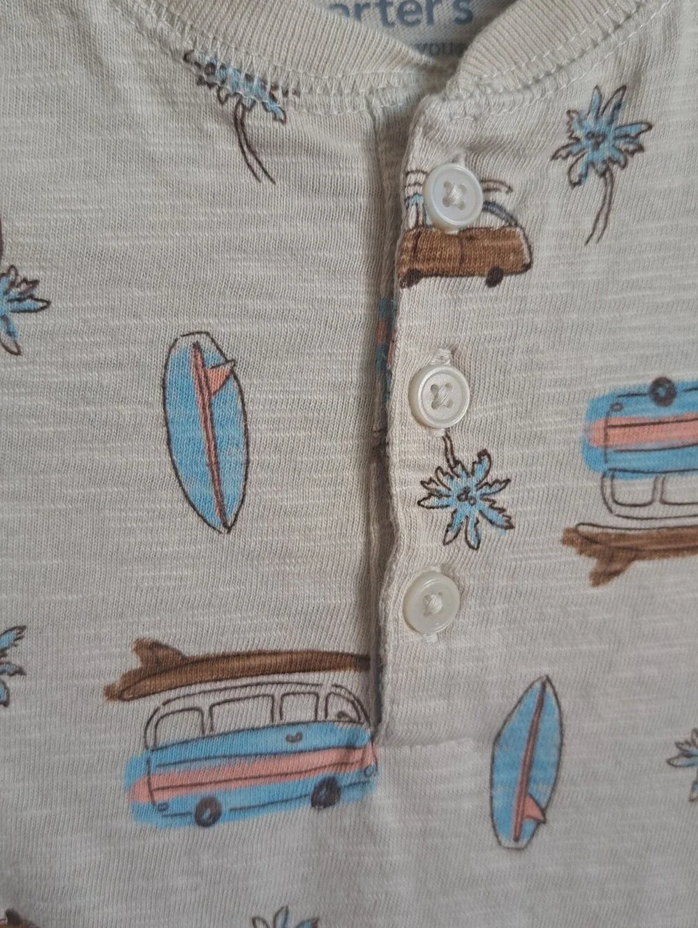 Boys Carter's Tan Van Surfboard Vacation Print One Piece Romper Size 6 Months